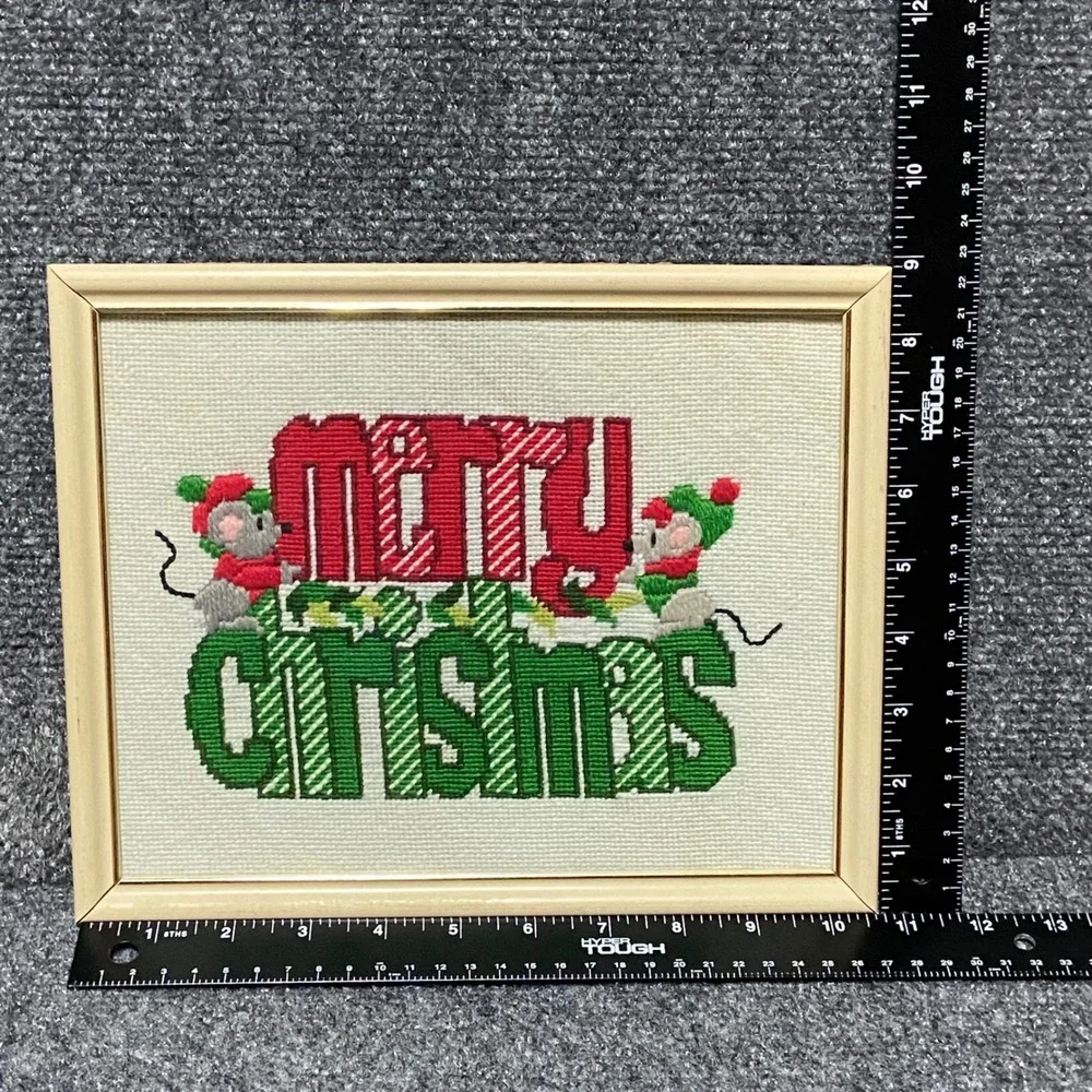Vintage Merry Christmas Mice Needlepoint Framed Wall Art Red Green Holiday Decor